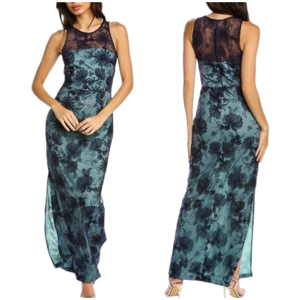 JS Collections NWT Carter Halter Sequim Floral Column Gown Size 4 Blue Green